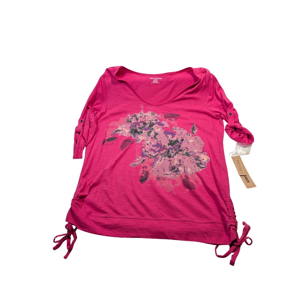 DKNY Jeans Womens Floral Sequin V-Neck Top XL Pink KCMUZ011